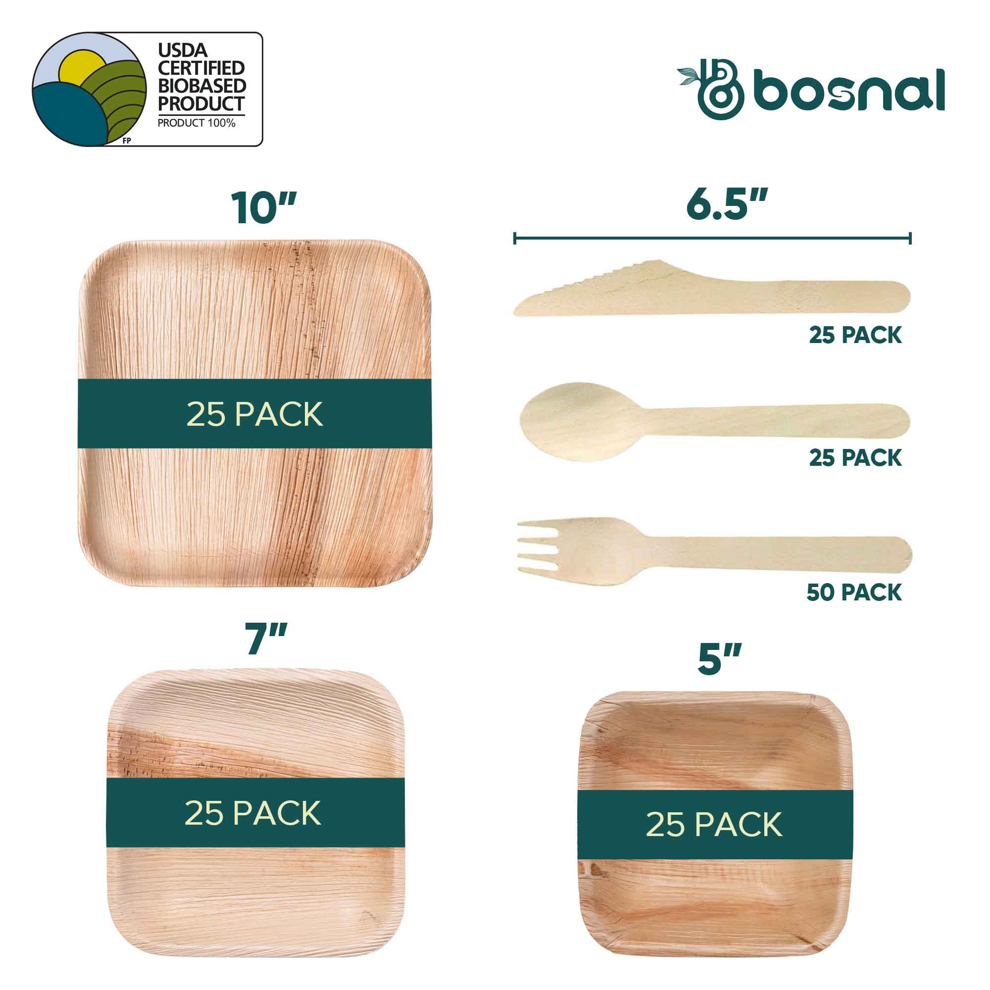 Palm Leaf Biodegradable 10" & 7" Square Plates, 5" Bowls with Cutlery Combo (25 Each Plates, 25 Bowls, 50 Forks, 25 Spoons, 25 Knives), Eco-Friendly, Compostable, Bamboo-Wood