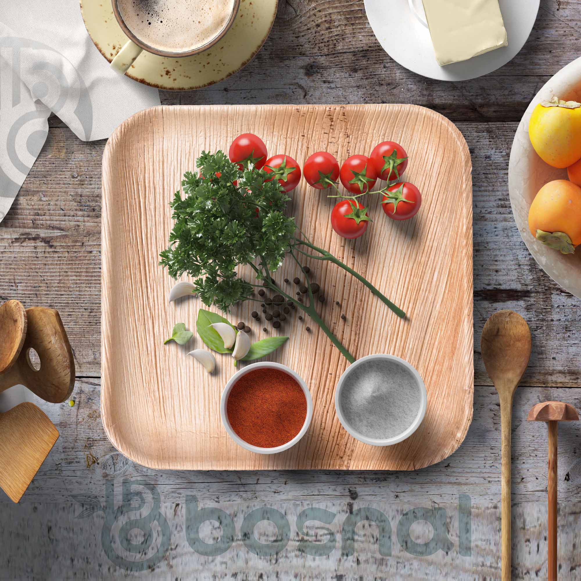 Palm Leaf Biodegradable 10" & 7" Square Plates, 5" Bowls with Cutlery Combo (25 Each Plates, 25 Bowls, 50 Forks, 25 Spoons, 25 Knives), Eco-Friendly, Compostable, Bamboo-Wood
